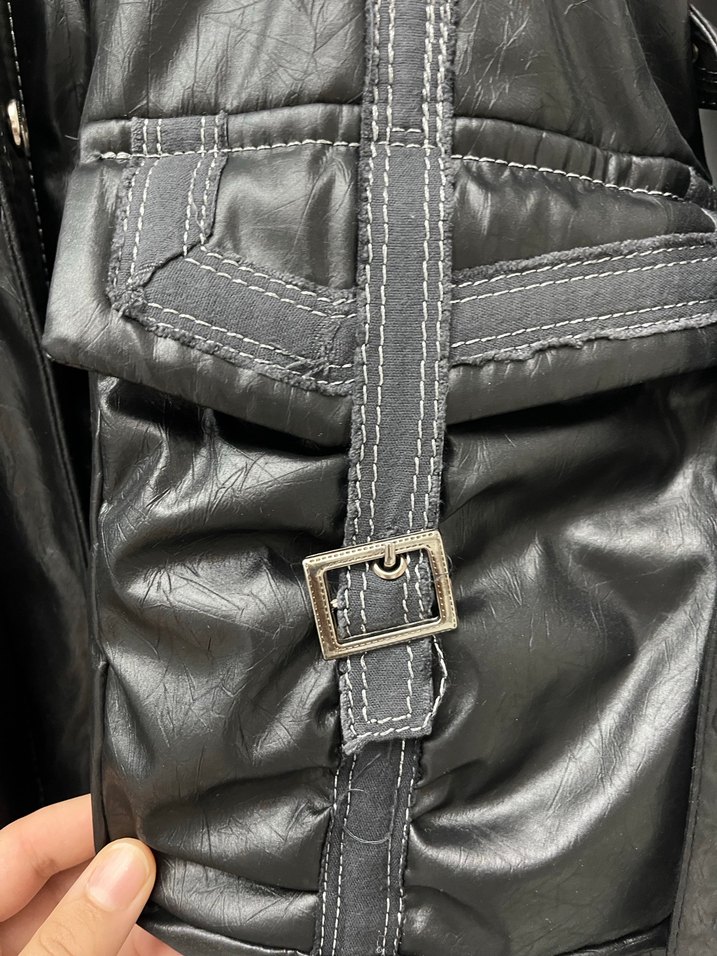 Vintage Y2K Kemerli Siyah Deri Biker Ceket - Görsel 5