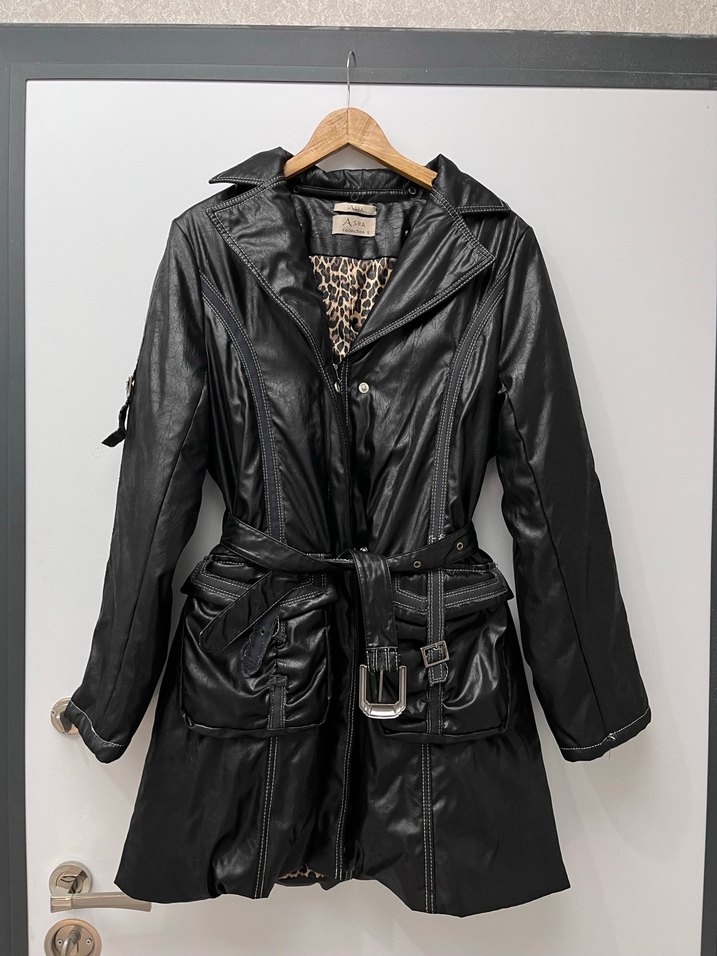 Vintage Y2K Kemerli Siyah Deri Biker Ceket - Görsel 2