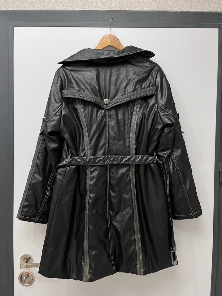 Vintage Y2K Kemerli Siyah Deri Biker Ceket - Görsel 3