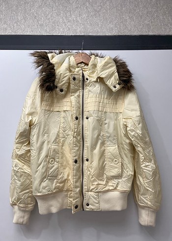 Vintage Kürklü Kapüşonlu sarı Kadın mont - Görsel 3