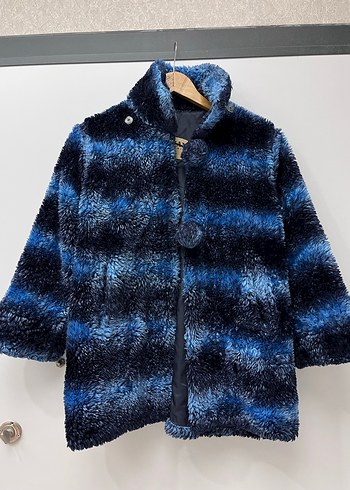 Vintage Y2K Mavi Bağlama Desenli Kürklü Mont - Görsel 2