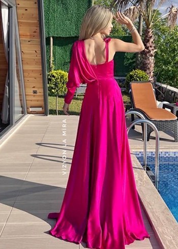 Alfabeta Pembe Drapeli Uzun Abiye Elbise