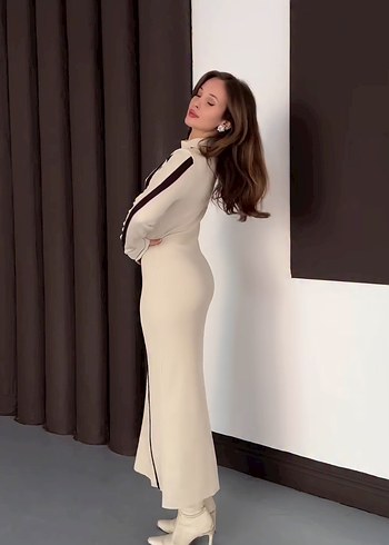 Bej Çizgili Uzun Triko Elbise - Görsel 4