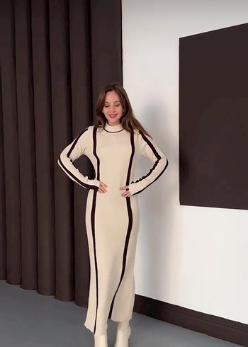 Bej Çizgili Uzun Triko Elbise - Görsel 3