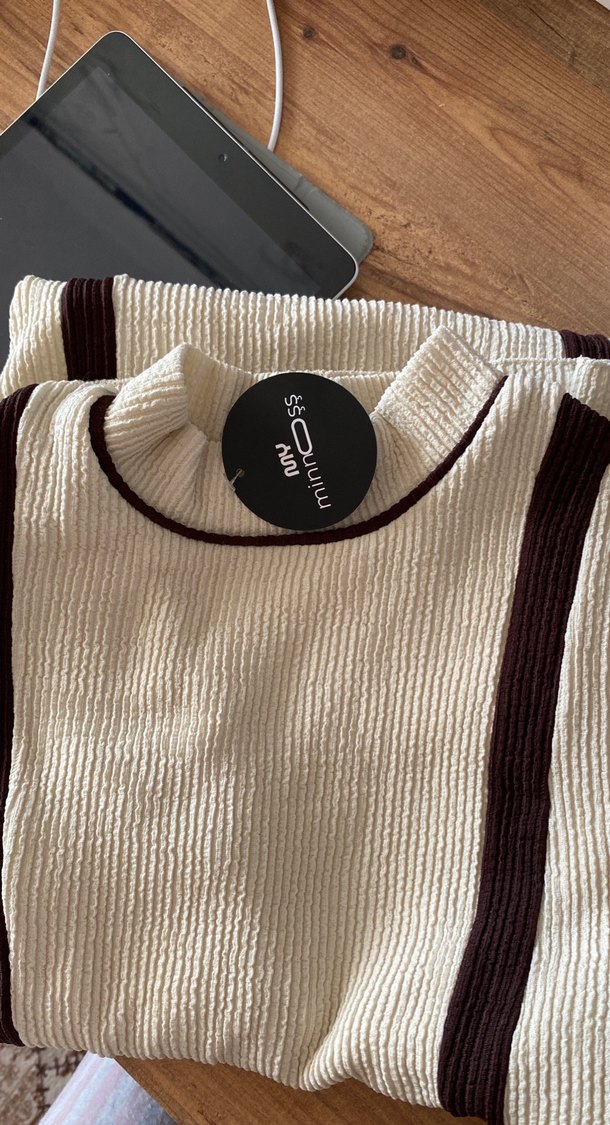 Bej Çizgili Uzun Triko Elbise - Görsel 2