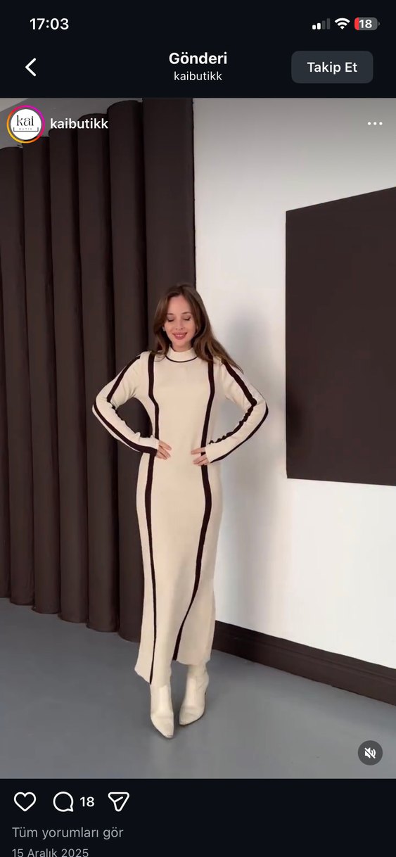 Bej Çizgili Uzun Triko Elbise - Görsel 3