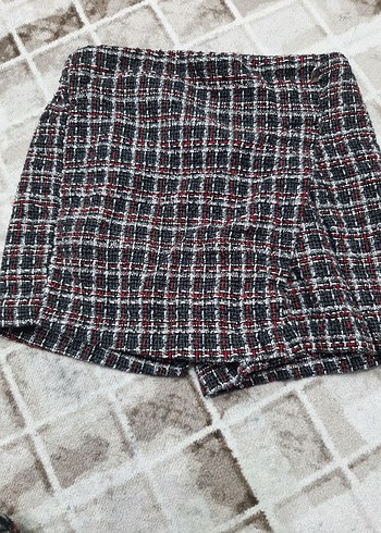 Düğmeli Gri Ekose Mini Etek - Görsel 2