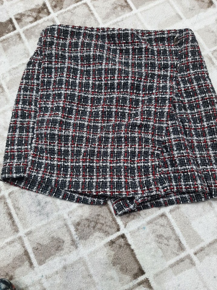 Düğmeli Gri Ekose Mini Etek - Görsel 2