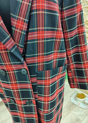 Kadın Bordo Ekose Uzun Ceket - Görsel 5