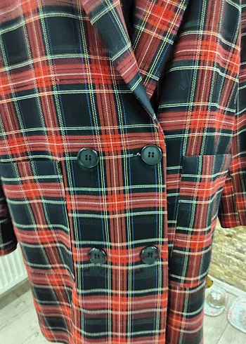 Kadın Bordo Ekose Uzun Ceket - Görsel 3