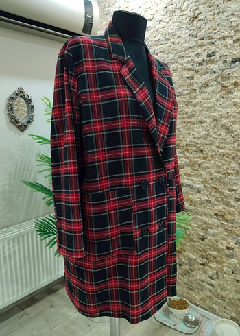 Kadın Bordo Ekose Uzun Ceket - Görsel 2