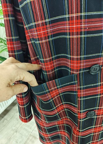 Kadın Bordo Ekose Uzun Ceket - Görsel 4