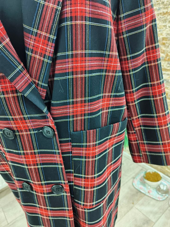 Kadın Bordo Ekose Uzun Ceket - Görsel 5