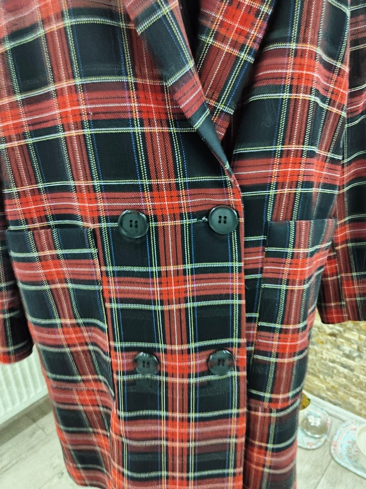 Kadın Bordo Ekose Uzun Ceket - Görsel 3