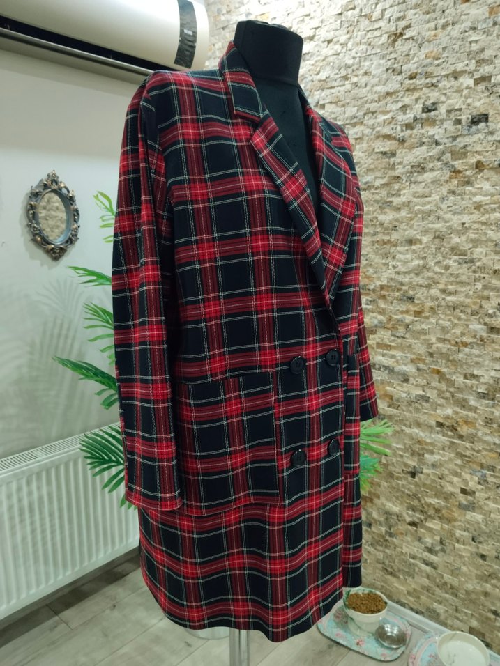 Kadın Bordo Ekose Uzun Ceket - Görsel 2