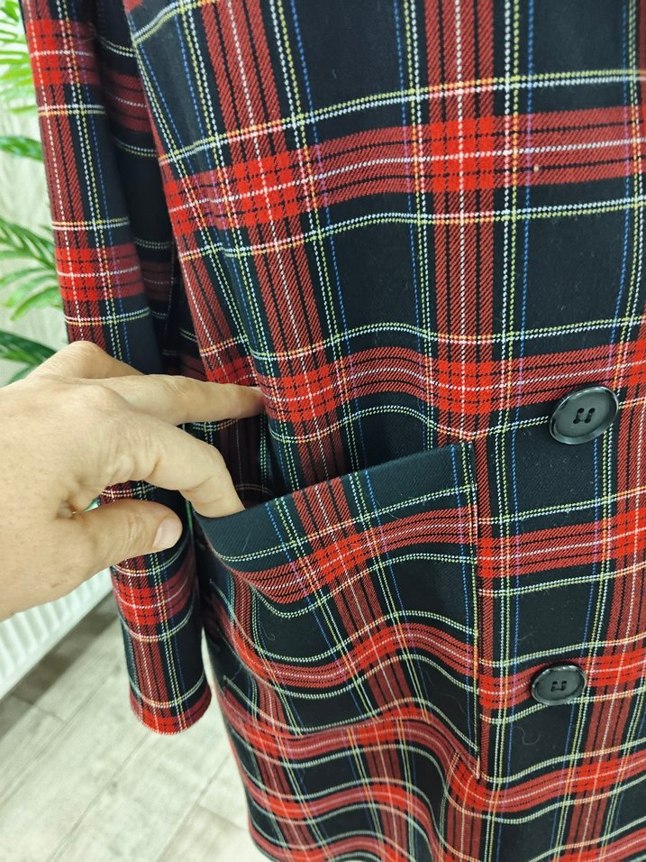 Kadın Bordo Ekose Uzun Ceket - Görsel 4