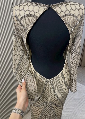 Uzun Kollu V Yaka Yılan Desenli Abiye Elbise - Görsel 5