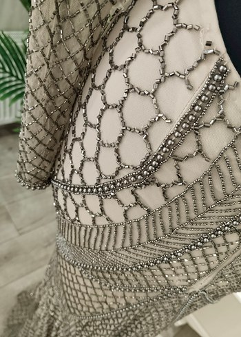 Uzun Kollu V Yaka Yılan Desenli Abiye Elbise - Görsel 8