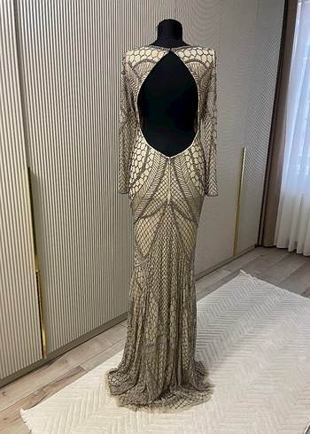 Uzun Kollu V Yaka Yılan Desenli Abiye Elbise - Görsel 4