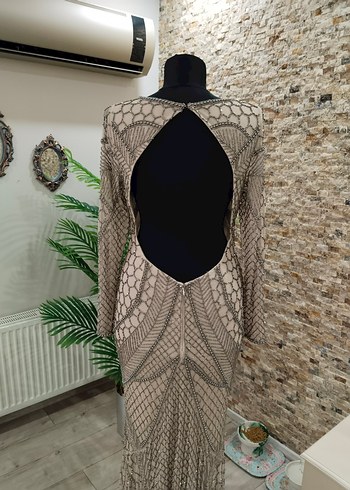 Uzun Kollu V Yaka Yılan Desenli Abiye Elbise - Görsel 9