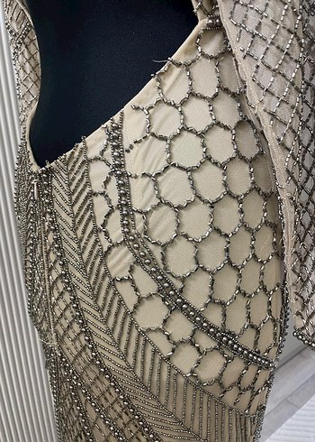 Uzun Kollu V Yaka Yılan Desenli Abiye Elbise - Görsel 3