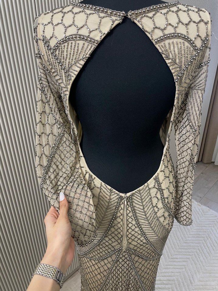 Uzun Kollu V Yaka Yılan Desenli Abiye Elbise - Görsel 5