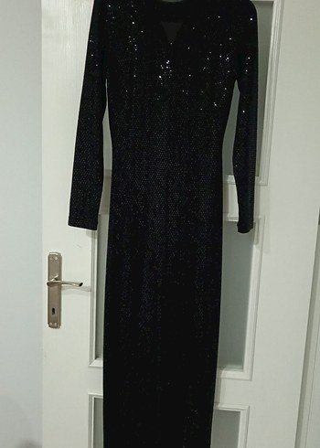 Siyah Payetli Uzun Kollu Uzun Abiye Elbise - Görsel 3