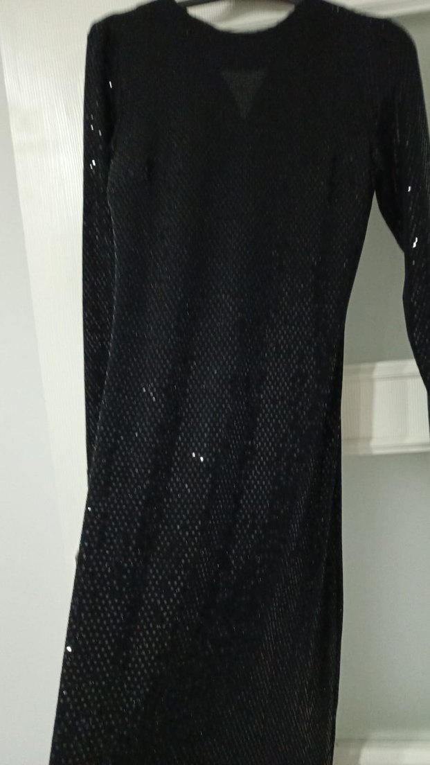 Siyah Payetli Uzun Kollu Uzun Abiye Elbise - Görsel 2