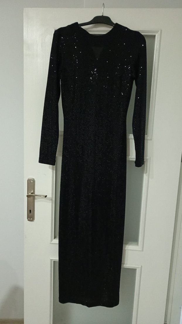 Siyah Payetli Uzun Kollu Uzun Abiye Elbise - Görsel 3