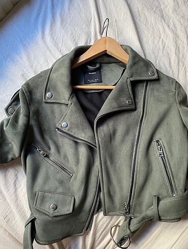 Bershka Haki Biker Süet Ceket