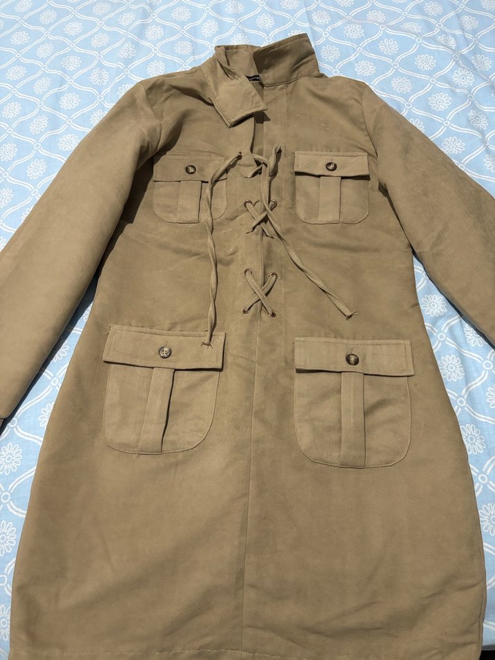 Düğmeli Bej Süet Kadın elbise - Görsel 3