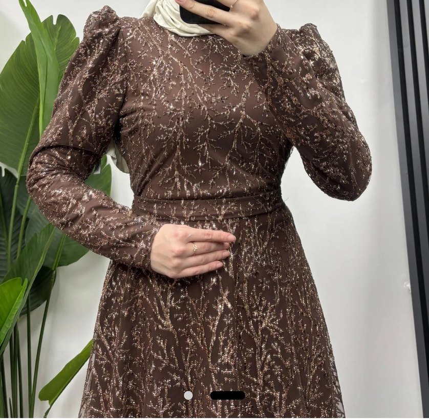 simli dantel Detaylı Kahverengi Uzun abiye  teseddür elbise - Görsel 2