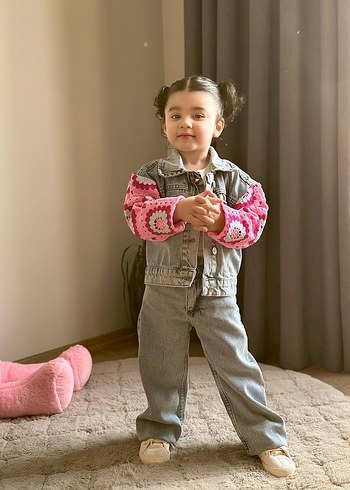 Kız Çocuk Pembe Batik Desen Triko Kollu Denim - Görsel 7