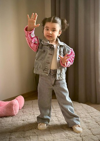 Kız Çocuk Pembe Batik Desen Triko Kollu Denim - Görsel 8