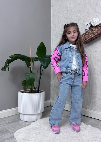 Kız Çocuk Pembe Batik Desen Triko Kollu Denim - Görsel 3