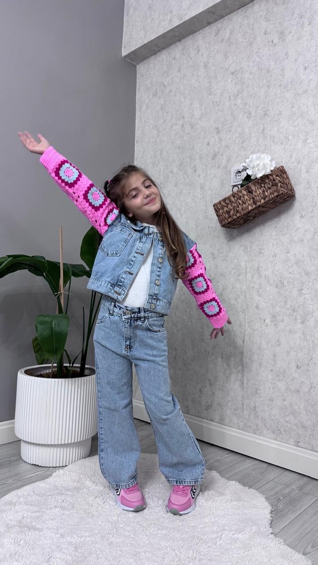 Kız Çocuk Pembe Batik Desen Triko Kollu Denim - Görsel 2