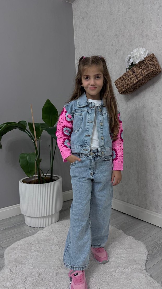 Kız Çocuk Pembe Batik Desen Triko Kollu Denim - Görsel 4