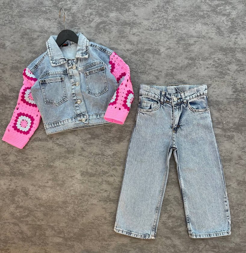 Kız Çocuk Pembe Batik Desen Triko Kollu Denim - Görsel 5