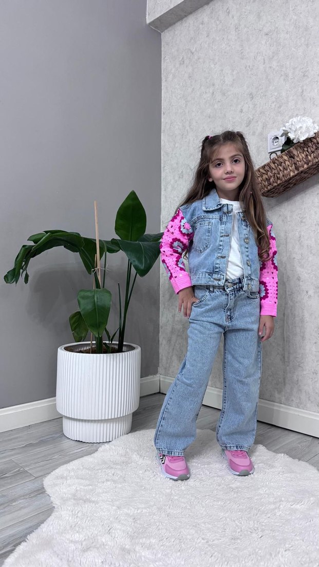 Kız Çocuk Pembe Batik Desen Triko Kollu Denim - Görsel 3