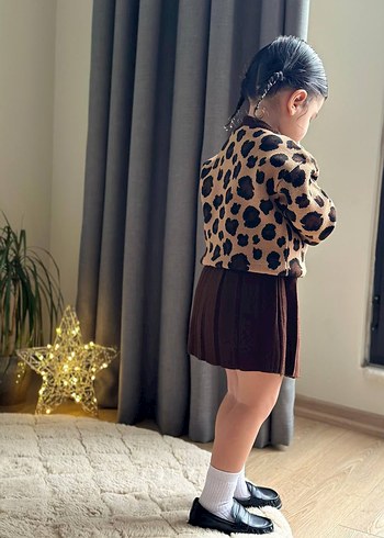 Kız Çocuk Kahverengi Leopar Desenli Triko Etek