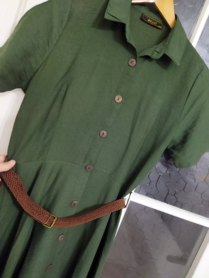 Bayan uzun Kemerli Yeşil 38 beden Kadın Elbise - Görsel 4