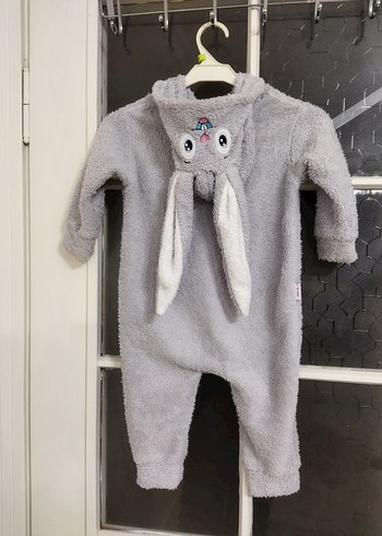 Gri Bebek Peluş Tulum Kulaklı Kapüşonlu - Görsel 4