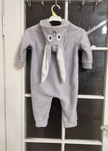 Gri Bebek Peluş Tulum Kulaklı Kapüşonlu - Görsel 3