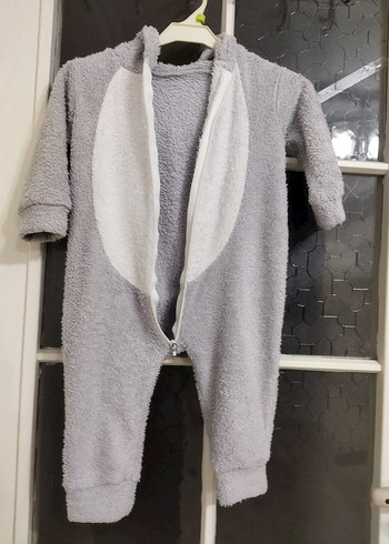 Gri Bebek Peluş Tulum Kulaklı Kapüşonlu - Görsel 6