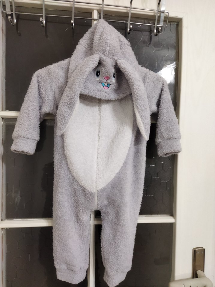 Gri Bebek Peluş Tulum Kulaklı Kapüşonlu - Görsel 2