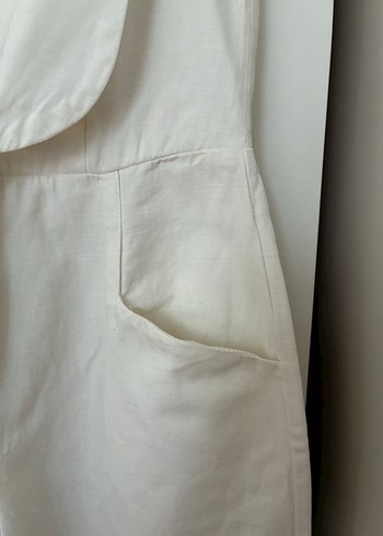 Düğmeli Keten Beyaz Midi Tulum - Görsel 4