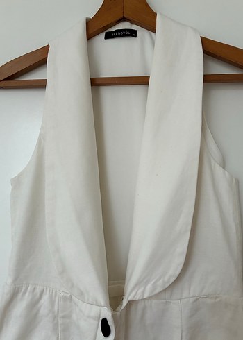 Düğmeli Keten Beyaz Midi Tulum - Görsel 5