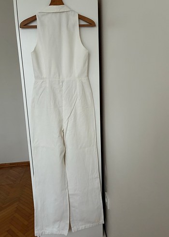 Düğmeli Keten Beyaz Midi Tulum - Görsel 6