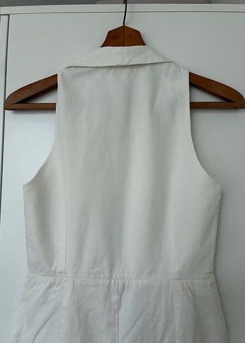 Düğmeli Keten Beyaz Midi Tulum - Görsel 7