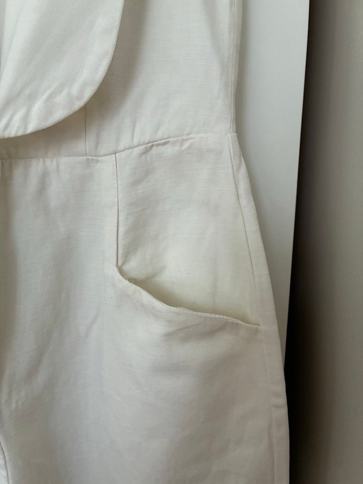 Düğmeli Keten Beyaz Midi Tulum - Görsel 4